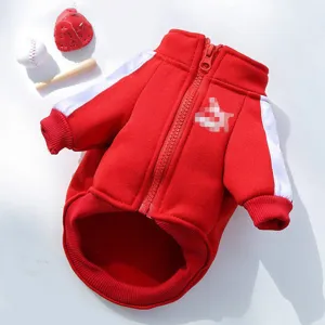 Red and white pet fleece hoodie with zip up collar, stylish sportswear for dogs and cats.