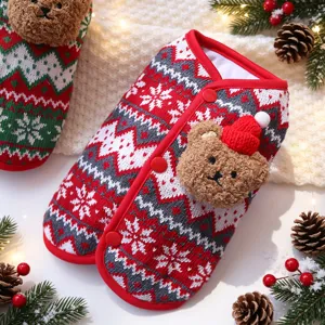 Christmas pet knit vest with cute 3d bear doll, cozy winter warm dog cat sweater apparel detail.