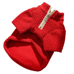 Red pet winter half-zipper sweater for dogs and cats, cozy fleece apparel for small breeds.