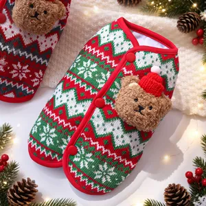 Christmas pet knitted vest detail shot, cute bear plush doll decor, warm winter dog clothes.