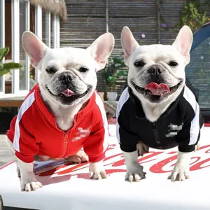 Detailed view of warm pet dog hoodie with side stripes for French bulldogs and small dogs.