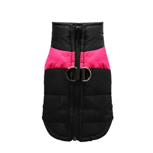 Winter warm pet dog vest coat with zipper and D-rings, black and pink, thick comfortable.