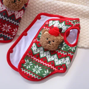 Christmas pet knit vest detail, cute 3d bear design, warm winter puppy apparel for small dogs