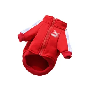 Red pet dog hoodie with white sleeve stripes winter warm fleece coat for small dogs cats