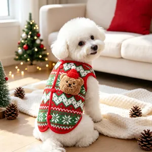 Detailed view of Christmas dog knitted vest featuring a cute plush bear, warm and cozy winter pet apparel.