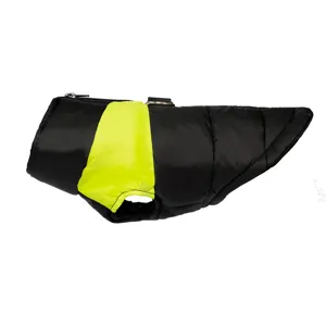 Warm winter dog vest coat in black with neon yellow stripe, padded pet apparel for cold weather.