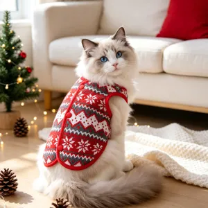 Christmas cat knitted vest winter warm pet clothing with snowflake pattern and back button design