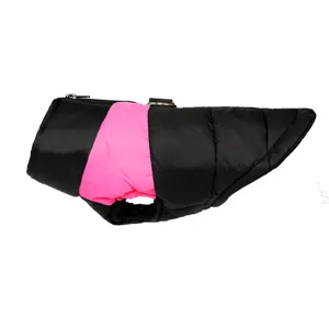 Detailed view of the thick warm pet dog cotton vest in black and pink, cozy winter apparel.