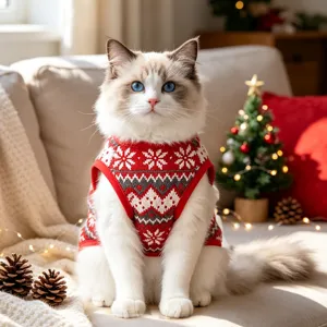 Close-up detail of cozy red knitted pet vest with white winter snowflake pattern for cats and dogs.