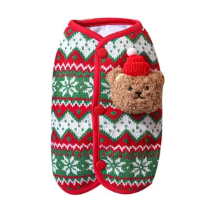 Cute Christmas pet knitted vest with 3D bear plush detail, warm winter clothing for dogs cats.