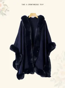 Women winter long hooded cape shawl faux fur collar warm navy blue elegant outerwear