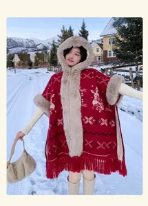 Women winter thick plush hooded knit cape coat with cute rabbit pattern and soft fur collar.