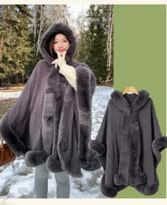 Women winter dark grey hooded faux fur trim cape cloak warm elegant fashion outerwear coat