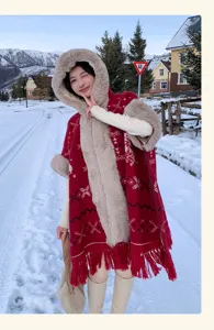 Women thick hooded fleece poncho retro red knit winter cape with plush fur trim shawl
