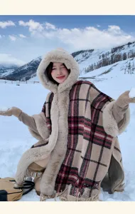 Winter hooded plaid cape with plush faux fur trim, vintage thick warm winter shawl coat.