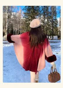 Gradient shawl cape cardigan coat, winter thickened cozy knitted outerwear for women.
