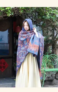 Ethnic style knitted hooded cape shawl, retro paisley pattern poncho for women outdoor travel.