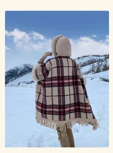Women winter plaid hooded cape thick fleece lined poncho vintage tassel outerwear outdoor snow