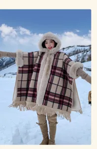 Thickened fleece-lined plaid hooded cape coat with cozy fur trim for women winter fashion.