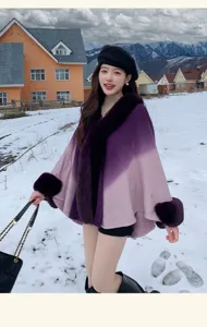 Stylish gradient fur collar cloak detail, winter warm plush cape outerwear for elegant look.