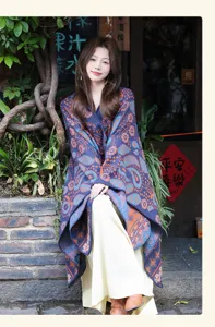 Detailed view of the ethnic style knitted cloak with paisley pattern for women's autumn wear.