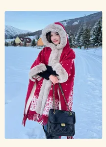 Women thick hooded winter fleece cape retro red snowflake faux fur trim poncho detail
