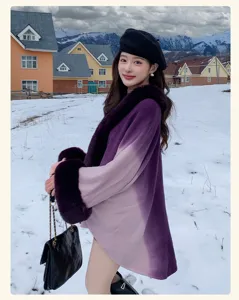Winter gradient cape shawl detail with faux fur trim, cozy knit fabric and snow background.
