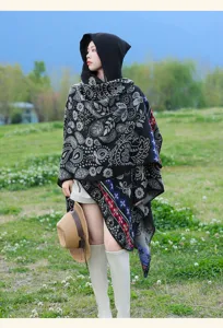 Ethnic hooded knitted cape shawl for women, tribal poncho for vacation, daily outdoor autumn wear.