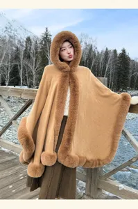 Women's autumn winter faux fur hooded cape elegant warm outdoor fashion poncho cloak coat