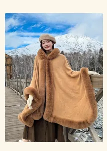 Elegant faux fur hooded cape for women, long winter warm cloak coat for chilly weather.