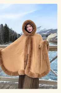 Furry Collar Hooded Cape Women Winter Long Cloak Elegant Warm Outerwear Detail View