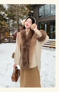 Gradient faux cashmere winter cape coat with plush fur trim, elegant warm knitted outerwear.