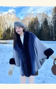 Women winter gradient shawl cloak coat, thick warm faux cashmere knitted cardigan jacket.