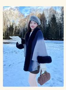 Gradient cape coat winter warm faux cashmere poncho outer wear stylish elegant detail view