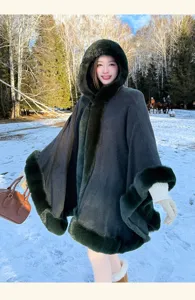 Stylish dark green hooded fur cape winter warm cloak elegant outerwear for women outdoor use