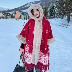 Women thick hooded red cape poncho winter warm faux fur trim snowflake pattern fringe coat