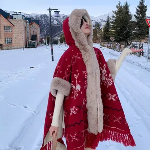 Women winter thick plush trimmed hooded red cape cloak vintage nordic pattern outerwear