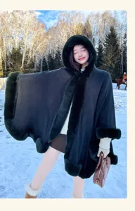 Women winter hooded faux fur cape elegant long warm cloak stylish outerwear for cold days