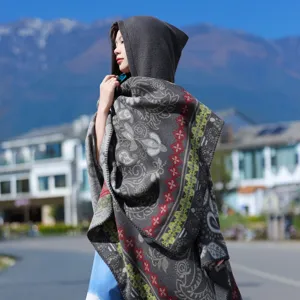 Women Ethnic Paisley Floral Knitted Hooded Cloak Shawl Autumn Winter Casual Warm Poncho Outerwear