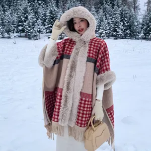 Women thick plush plaid cape coat with fur hood winter vintage warm outerwear stylish cloak