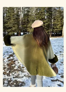 Gradient cape cloak knitted cardigan winter thick warm fuzzy cuff outerwear detail view