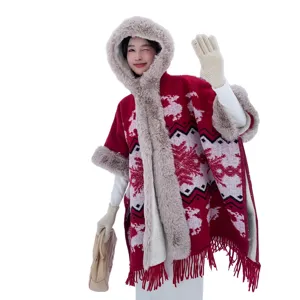 Women Thickened Hooded Cape Poncho Winter Retro Knit Shawl Faux Fur Collar Cloak