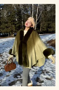 Winter gradient cape coat, thick faux cashmere knitted shawl with plush collar details.