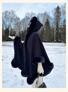Women's winter warm black hooded fur trimmed cape elegant long cloak fashion outerwear.