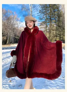Women winter hooded fur collar cape luxury red long cloak fashion warm outerwear detail view