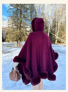 Winter hooded fur trim cape cloak elegant warm outerwear women luxury burgundy poncho coat
