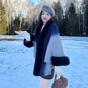 Women's Winter Thickened Gradient Shawl Cape Faux Cashmere Knitted Cardigan Coat with Faux Fur Collar Open Front Warm Outerwear