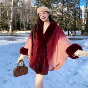 Winter gradient shawl cape coat thick warm fuzzy collar open front outerwear for women