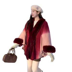 Gradient Shawl Cape Winter Thickened Faux Cashmere Woolen Coat for Women Fashion