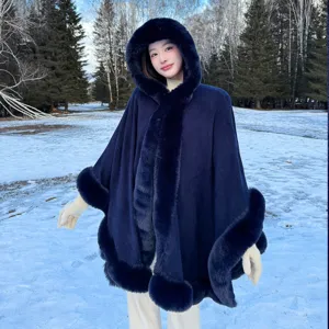 Women's Autumn Winter Long Cloak Cape Elegant Warm Faux Fur Hooded Shawl Jacquard Open Front Oversized Poncho Outerwear